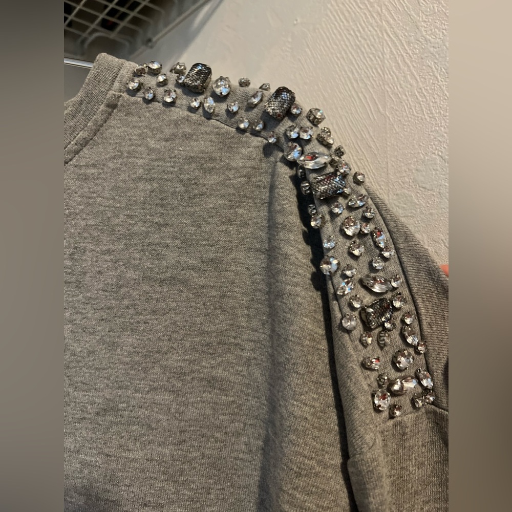 Gray long sleeve shirt with rhinestones on shoulders